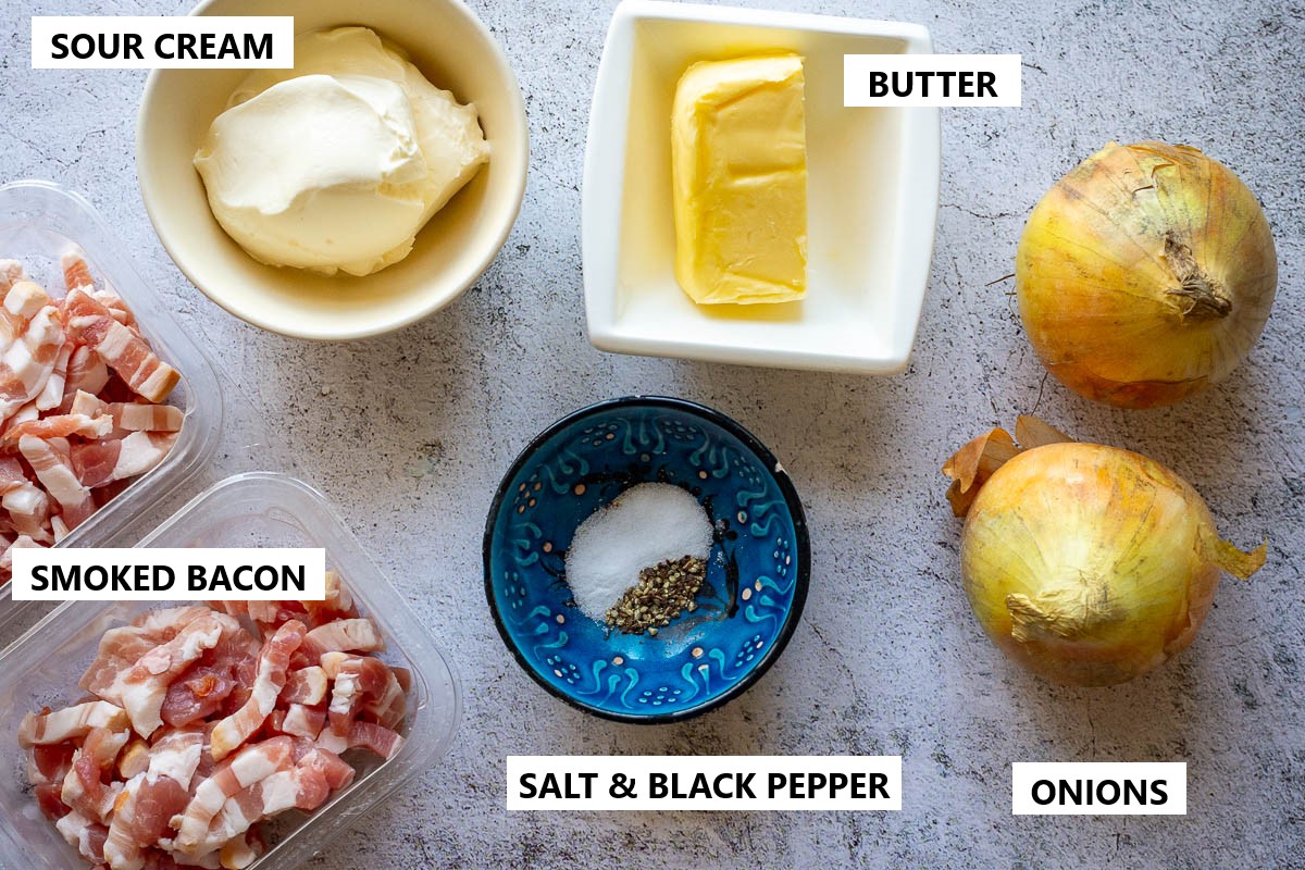 Sauce ingredients for Potato Pudding on a grey surface.