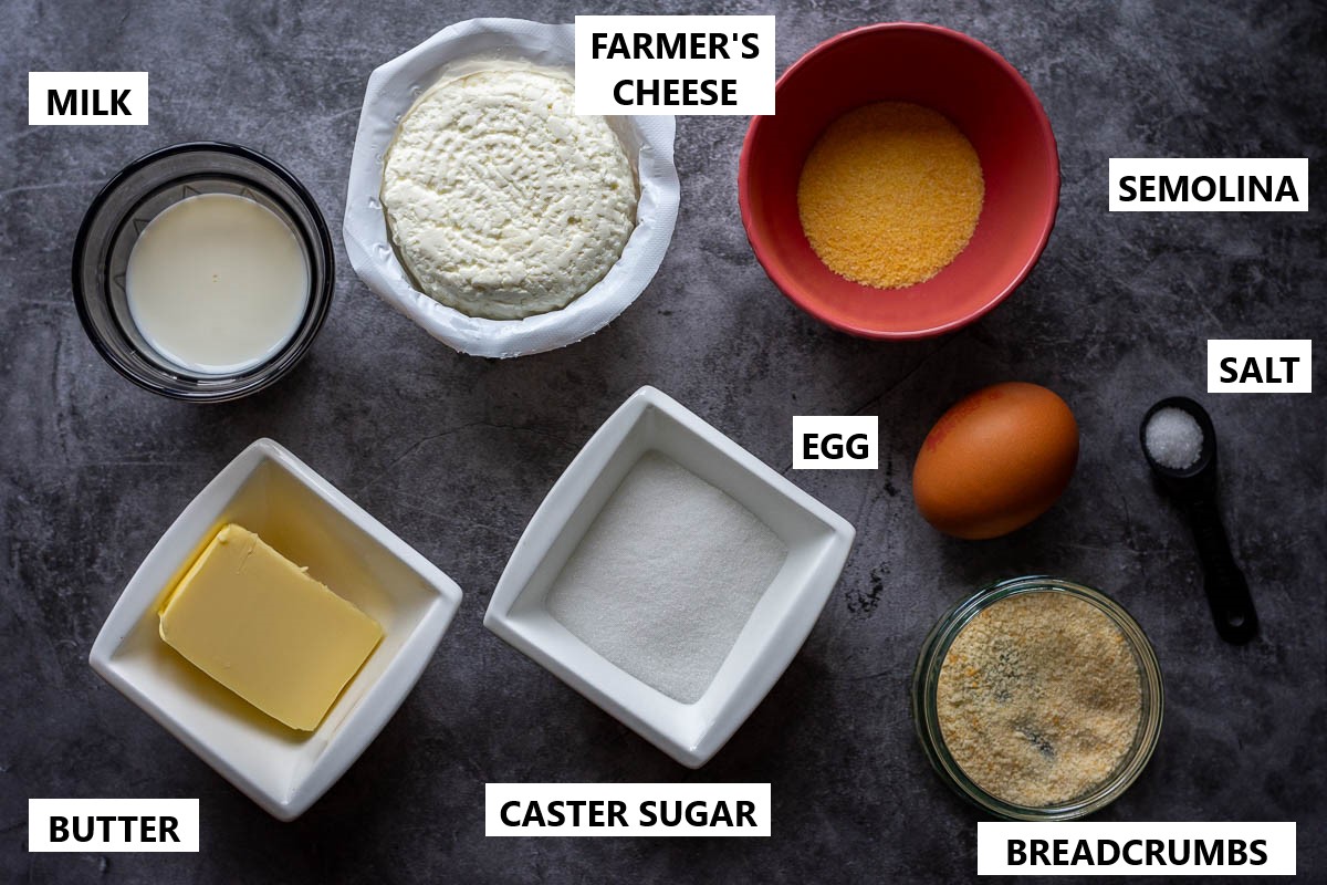 Ingredients for Lithuanian Breakfast Cheesecake on a grey surface. 
