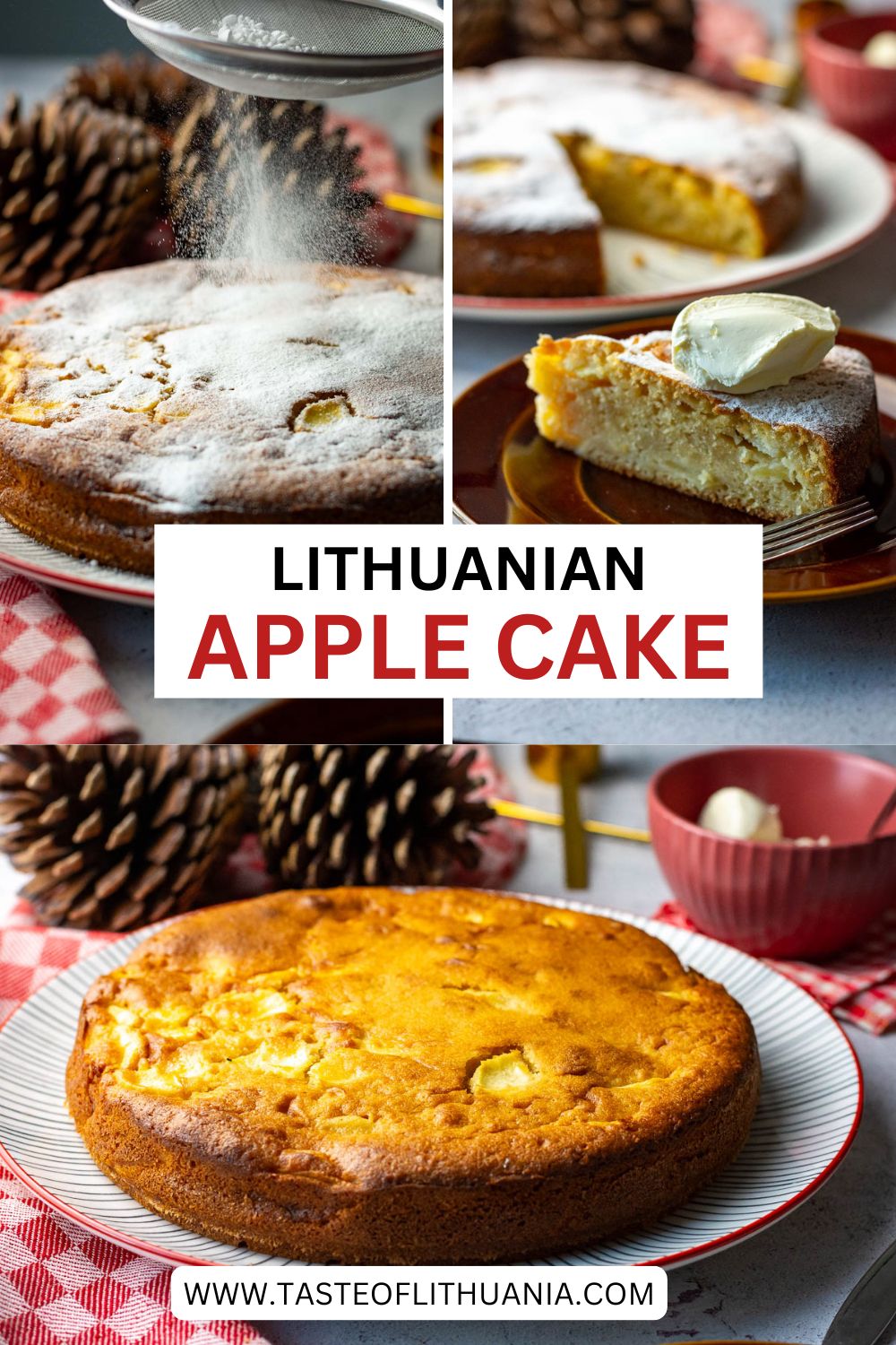 A collage of photos showing Lithuanian Apple cake. Pin for Pinterest.