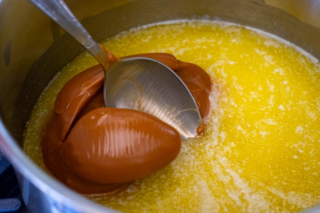 Caramel added to melted butter.