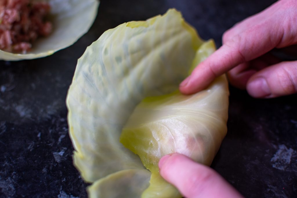 Rolling ground pork filling into a cabbage leaf to make Lithuanian Cabbage Roll. 