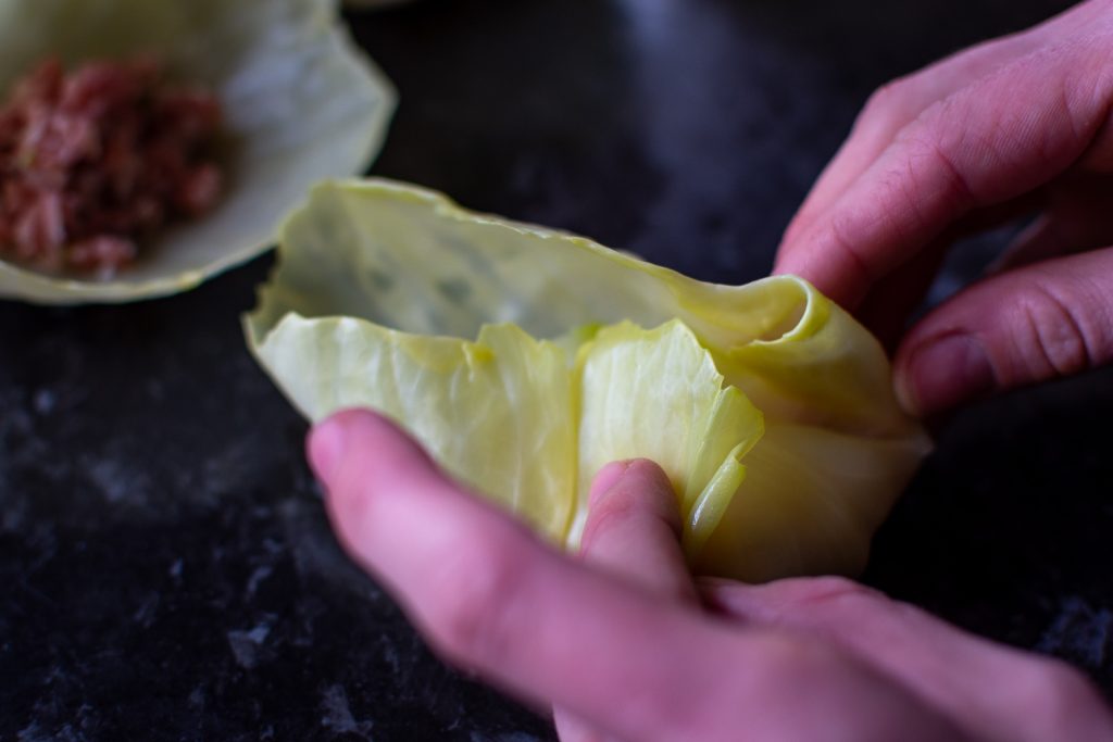 Rolling ground pork filling into a cabbage leaf to make Lithuanian Cabbage Roll. 