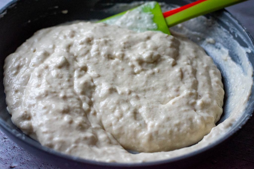 Lumpy drop batter for Lithuanian kefir pancakes. 