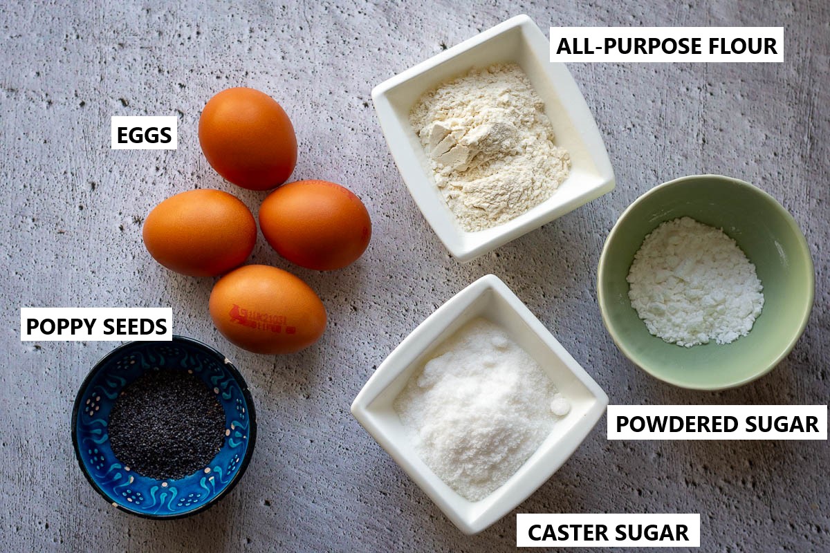 Ingredients for the sponge for farmers cheese roll cake.