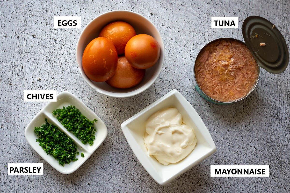 Ingredients for Tna Stuffed Eggs on a grey surface.