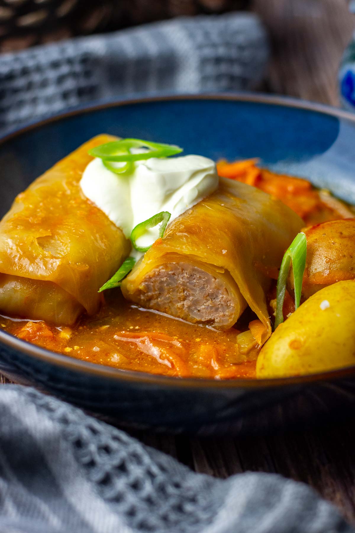 Two LIthuanian Cabbage Rolls in a shallow blue bowl topped with sour cream.