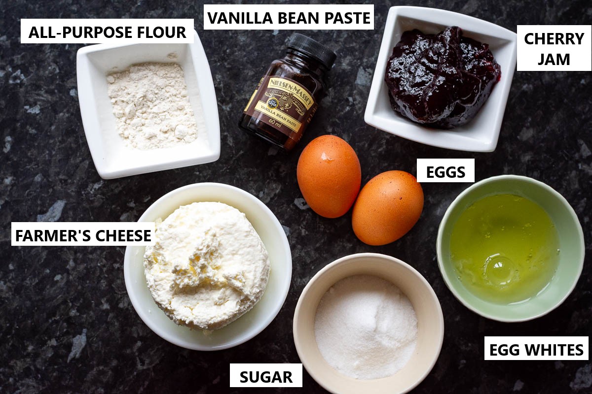 Ingredients for Farmers cheese filling and jam layer for Draugystes Pyragas.