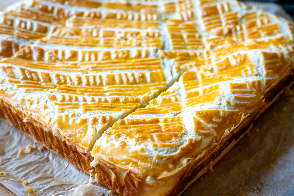 Baked Lithuanian Cake with Farmers cheese filling.