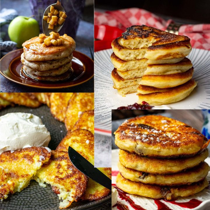 A collage of photos of various Lithuanian pancakes.