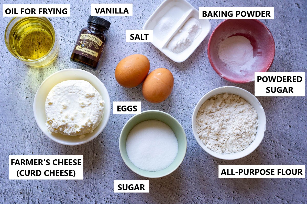Ingredients for Lithuanian Curd Cheese Doughnuts.