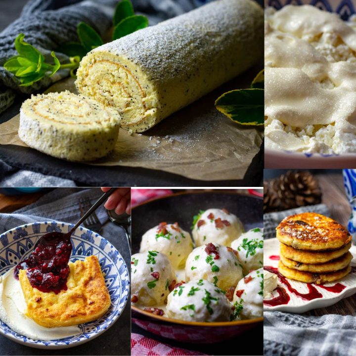 A collage of photos showcasing Lithuanian recipes with farmer's cheese.
