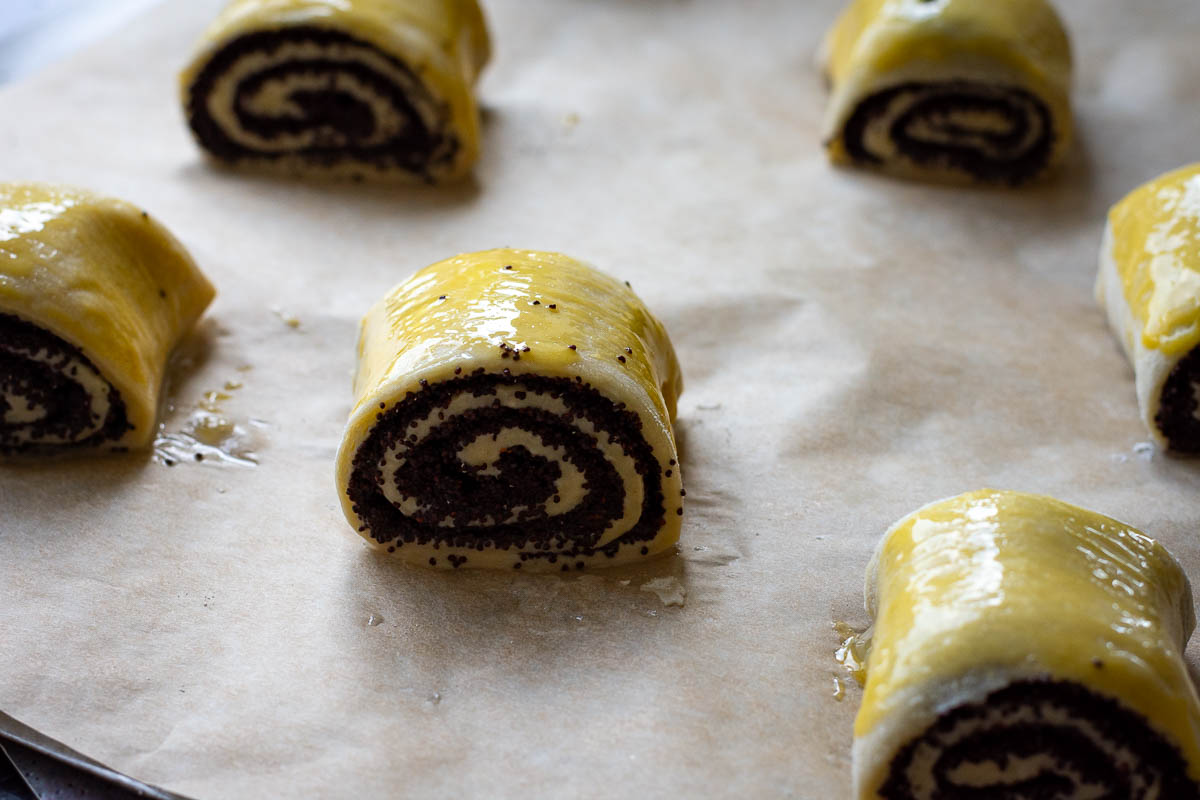 Egg washed poppy seed buns. 