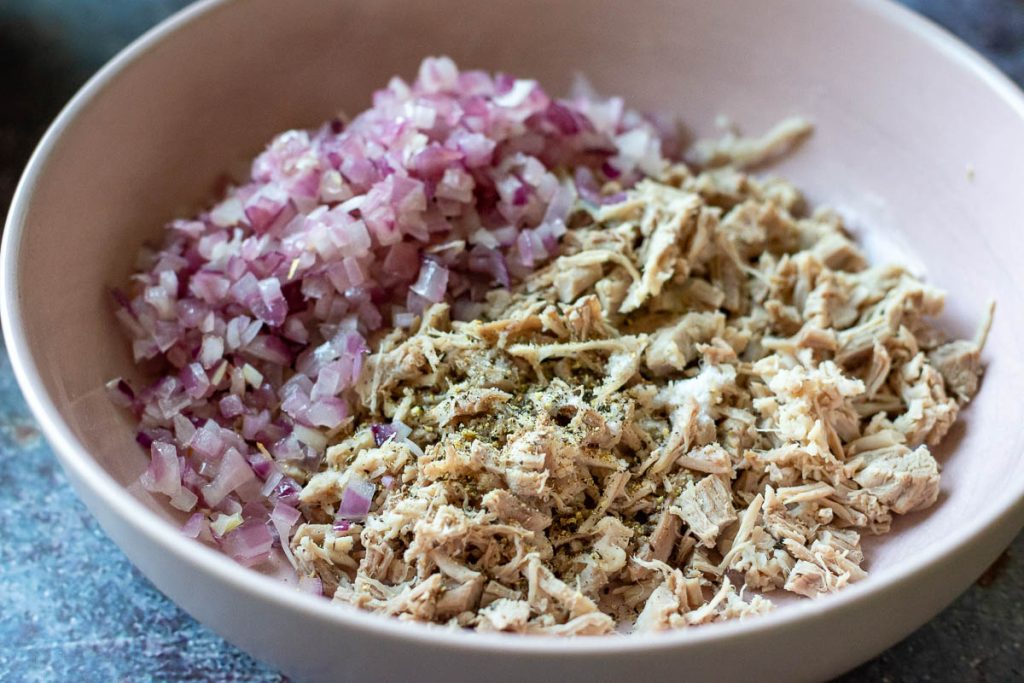 Shredded pork and sauteed onions in a shallow bowl.