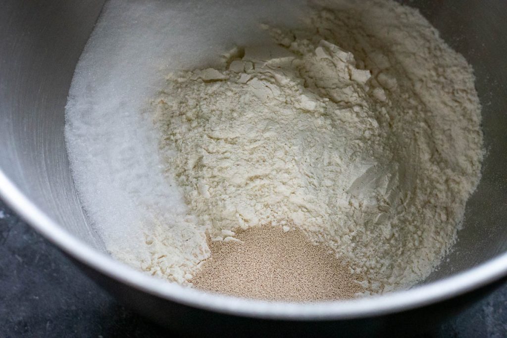 Dry ingredients in a mixing bowl.