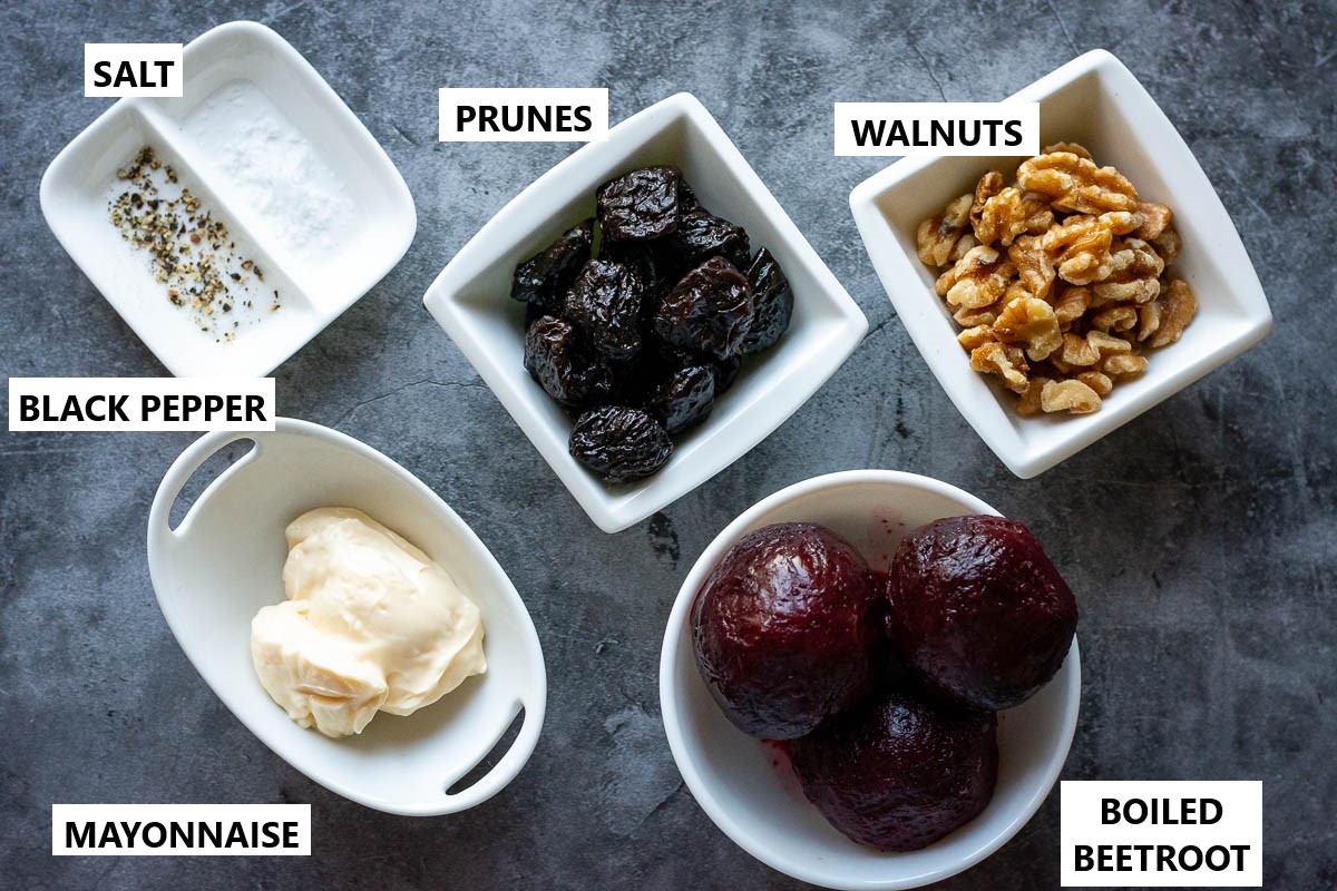 Ingredients for Lithuanian Beetroot and Prune Salad with Walnuts.