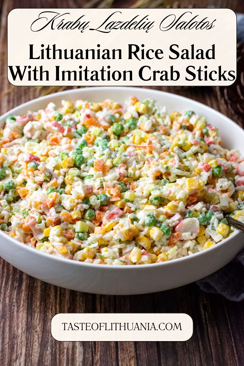 Lithuanian rice salad with crab sticks Pin for Pinterest.