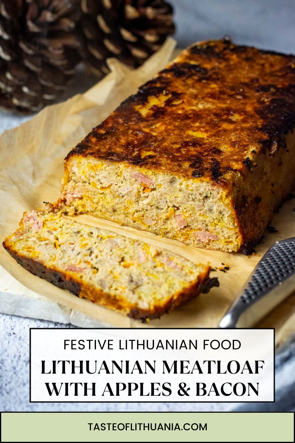 Netikras Zuikis (Lithuanian Meatloaf with apples and bacon) Pin for Pinterest.