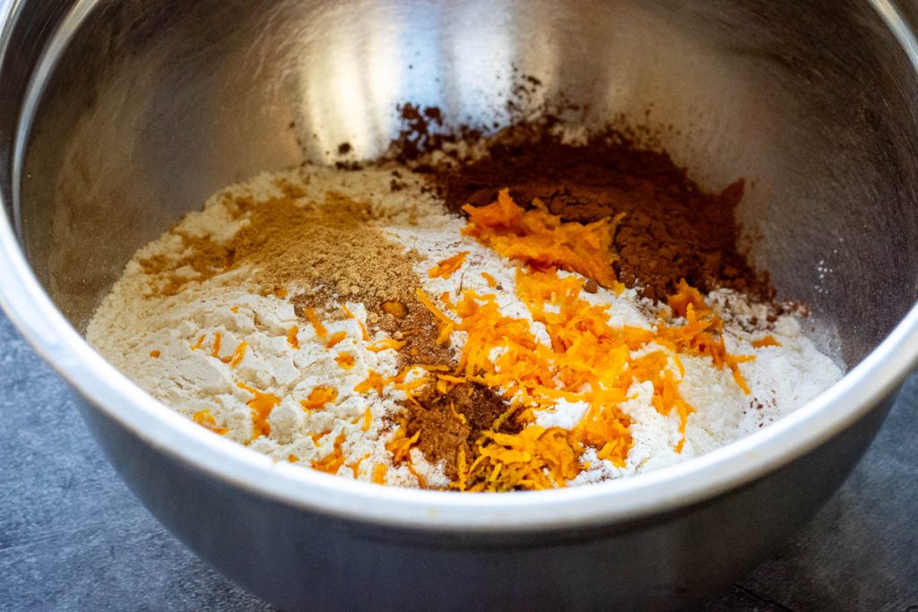 Dry ingredients in a large mixing bowl. 