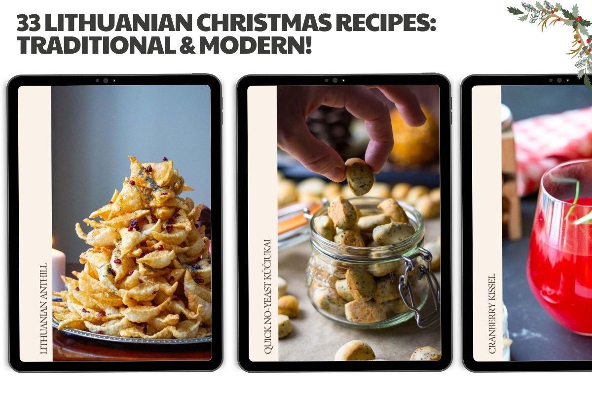 Three photos showcasing lithuanian Christmas recipes inside the Christmas in Lithuania Ebook.