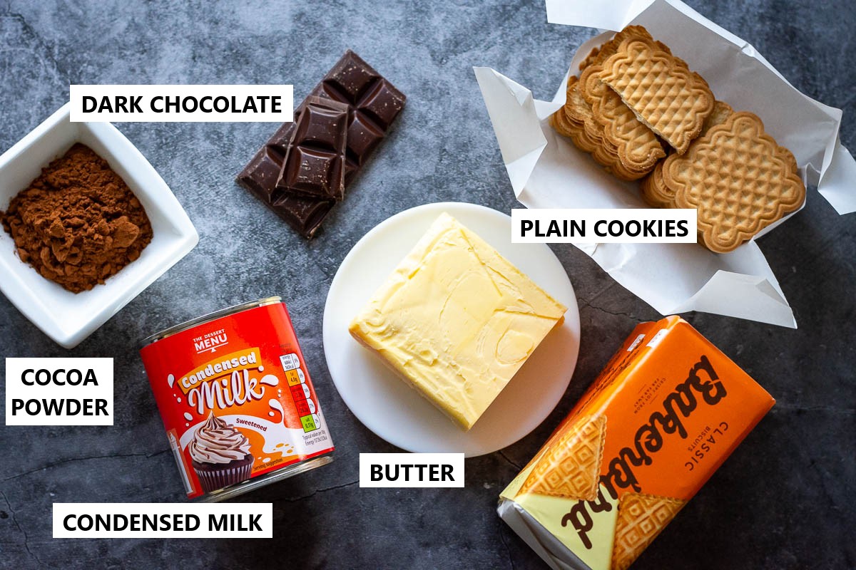 Ingredients for Lithuanian Chocolate Salami on a grey surface.