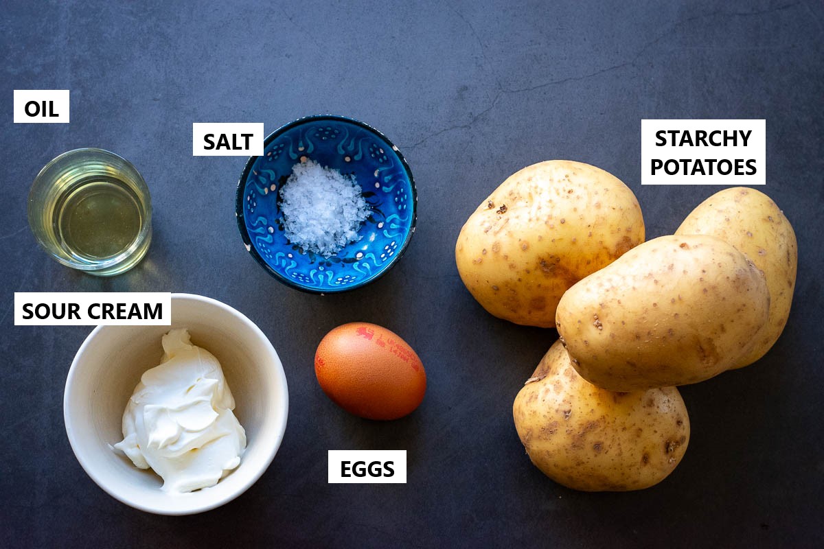 Ingredients for Lithuanian Potato Pancakes, a.k.a. Bulviniai Blynai.