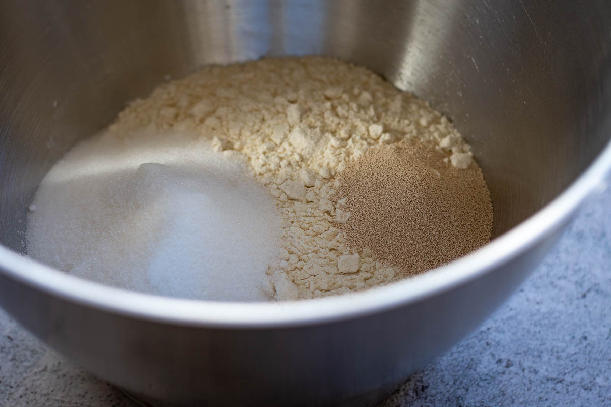 Dry ingredenits for the Easter bread dough in a bowl of a stand mixer.  