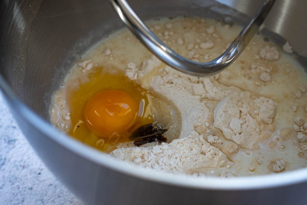 Egg, milk and vanilla paste added to the dry ingredients. 