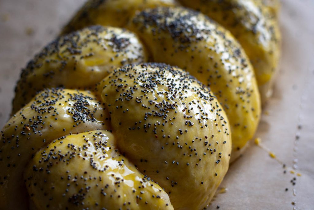 Poppy seeds on top of egg-washed bread loaf. 
