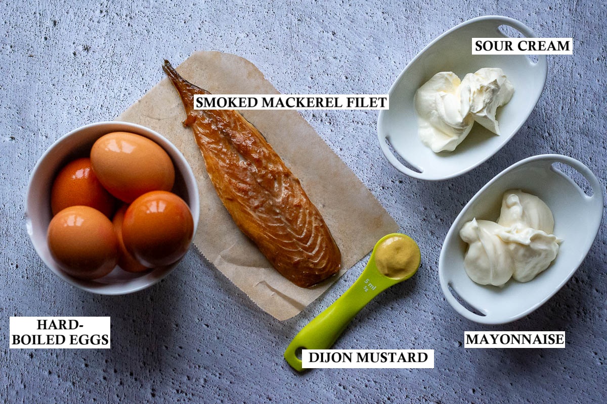 Ingredients for Smoked Mackerel Stuffed Eggs. 