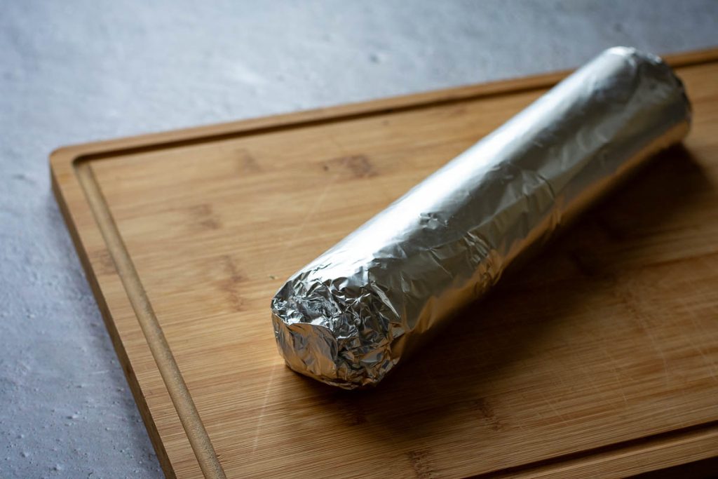 Lithuanian chicken roulade toghtly wrapped in foil.