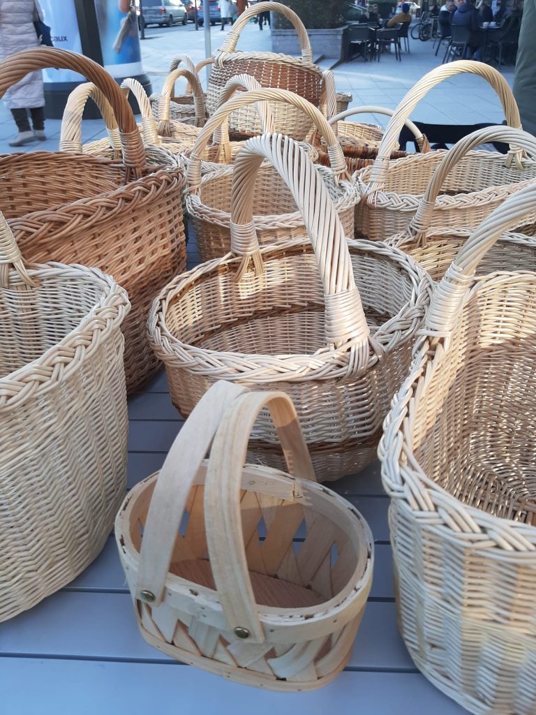 Handmade wicker baskets being sold at Kaziuko muge.