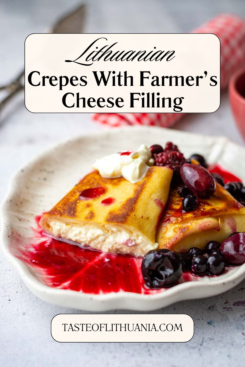 Lithuanian Farmer's Cheese Crepes Pin for Pinterest.