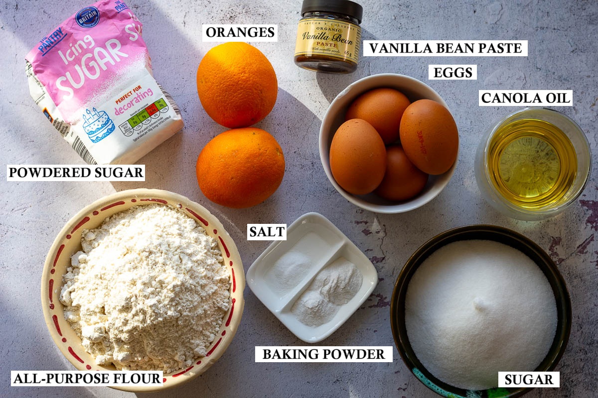 Ingredients for Lithuanian Orange Loaf cake on a light grey surface. 