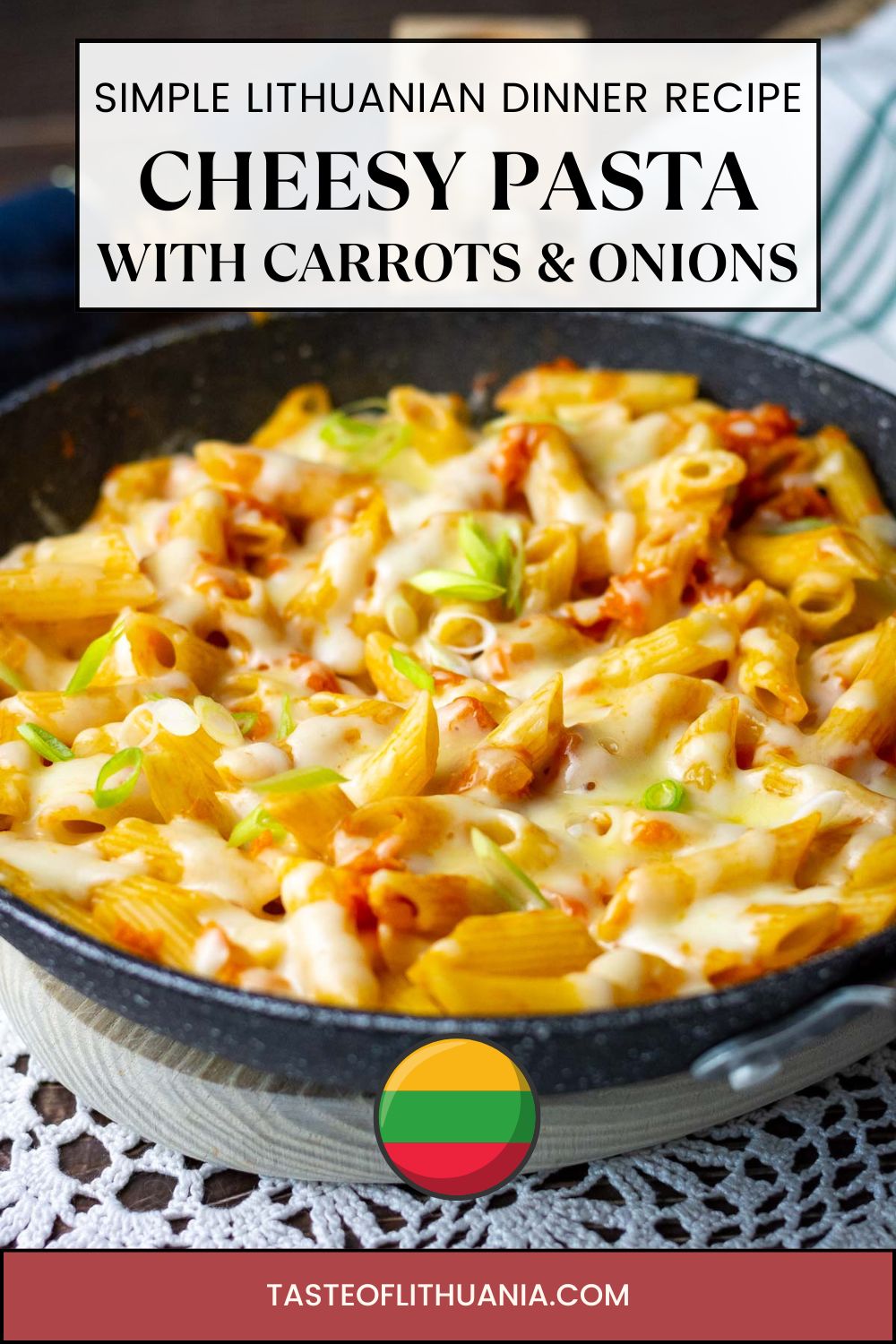 Lithuanian Cheesy Pasta With Carrots And Onions - Pin for Pinterest.