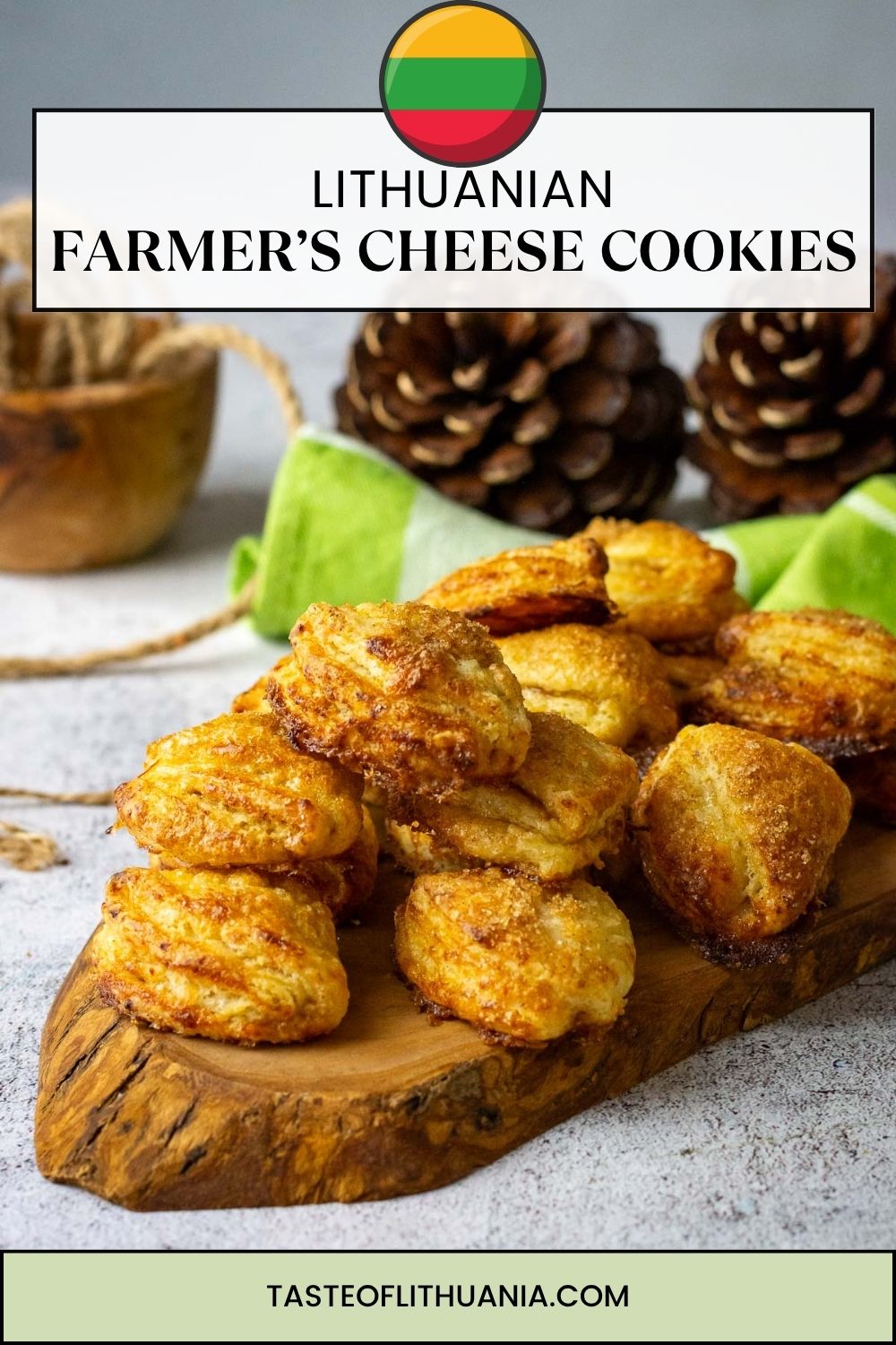 Lithuanian Farmer's Cheese cookies on a wooden board Pin for Pinterest.