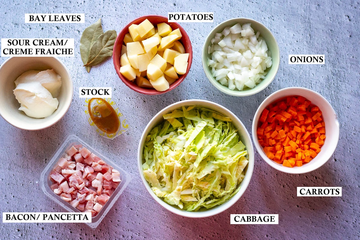 Ingredients for Lithuanian cabbage and bacon soup.