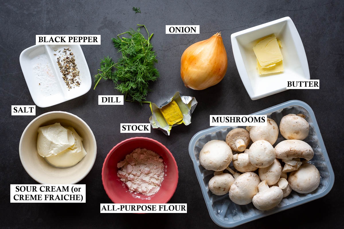 Labeled ingredeints for creamy mushroom sauce.