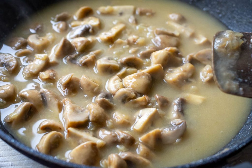Broth thickened in the mushroom pan.