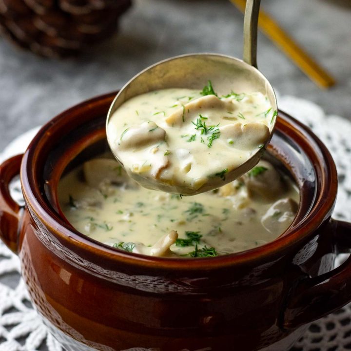 A ladle of Lithuanian Mushroom Sour Cream Sauce being lifted out of a bowl.