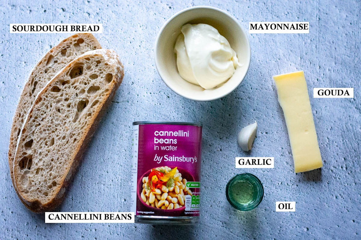 Ingredients for Lithuanian Bean, Cheese and Fried Bread Salad. 