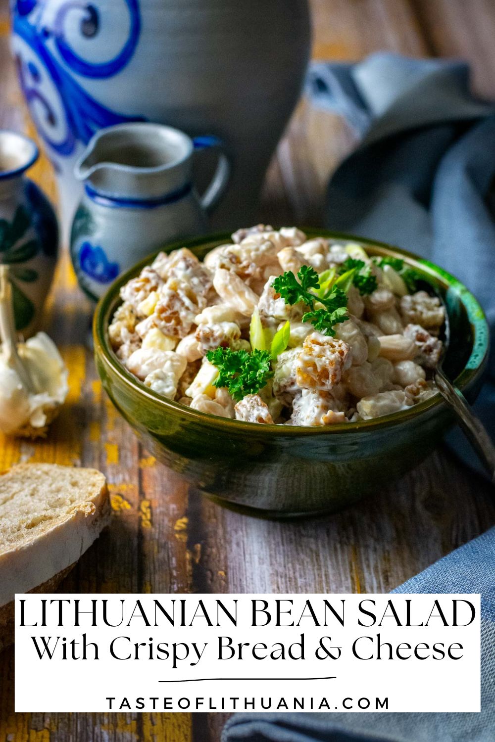 Lithuanian Bean Salad With Crispy Bread and Cheese - Pin for Pinterest. 