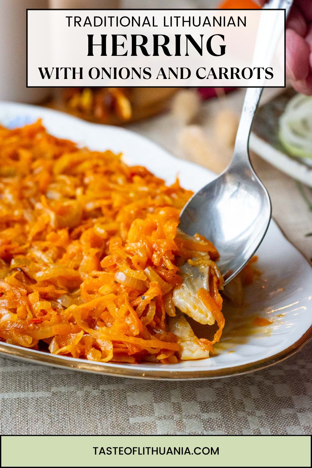Lithuanian Herring With Onions and Carrots on Christmas Eve Table. Pin for Pinterest.