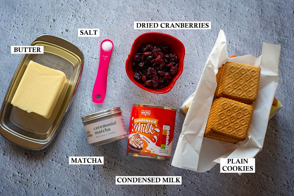 Ingredients for no-bake matcha cake based on Lithuanian tinginys.
