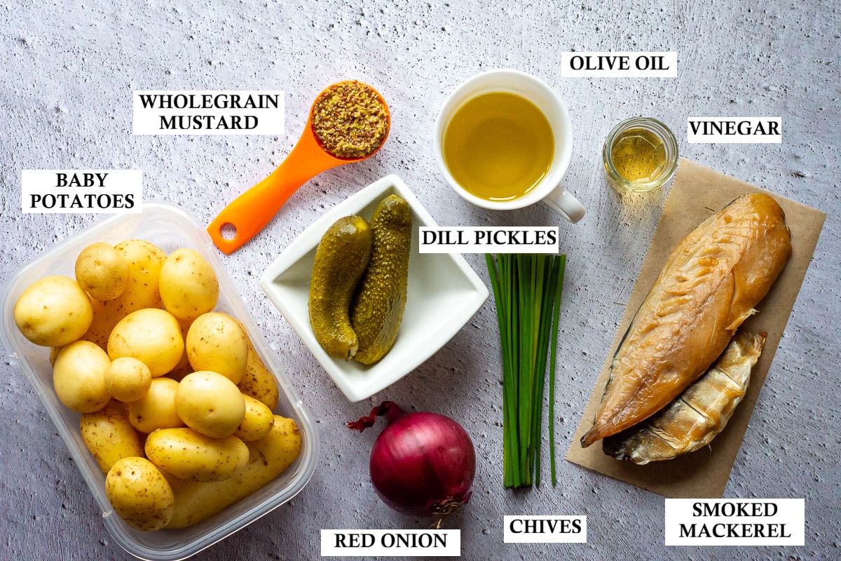 Ingredients for Lithuanian Potato Salad With Smoked Mackerel.