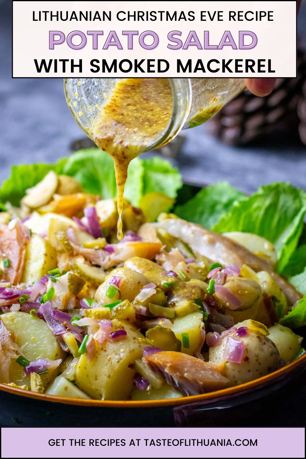 Lithuanian Christmas Eve Potato Salad With Smoked Mackerel - Pin for Pinterest.