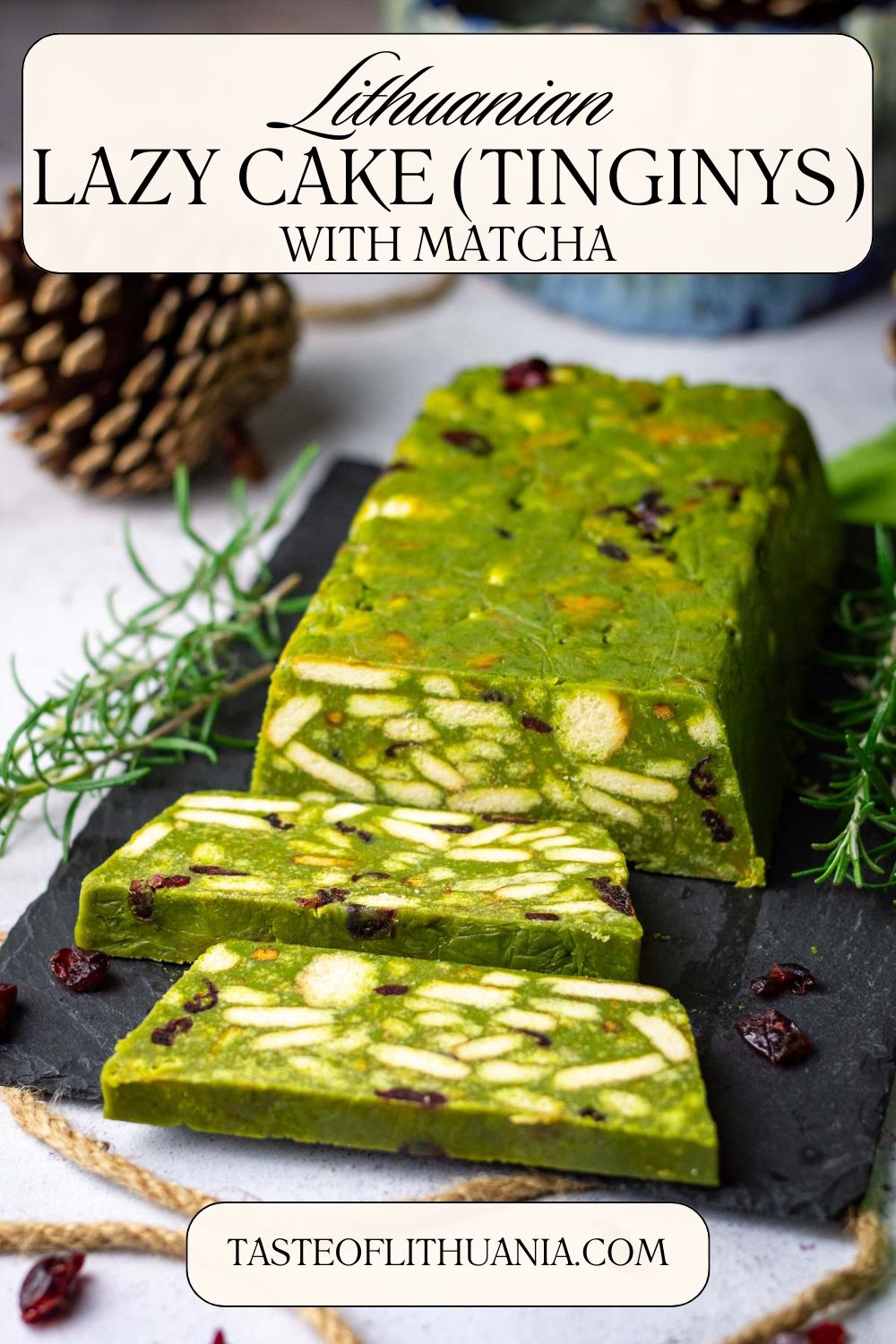 Two slices of no bake matcha cake cut from a whole loaf of Lithuanian lazy cake. Pin for Pinterest.