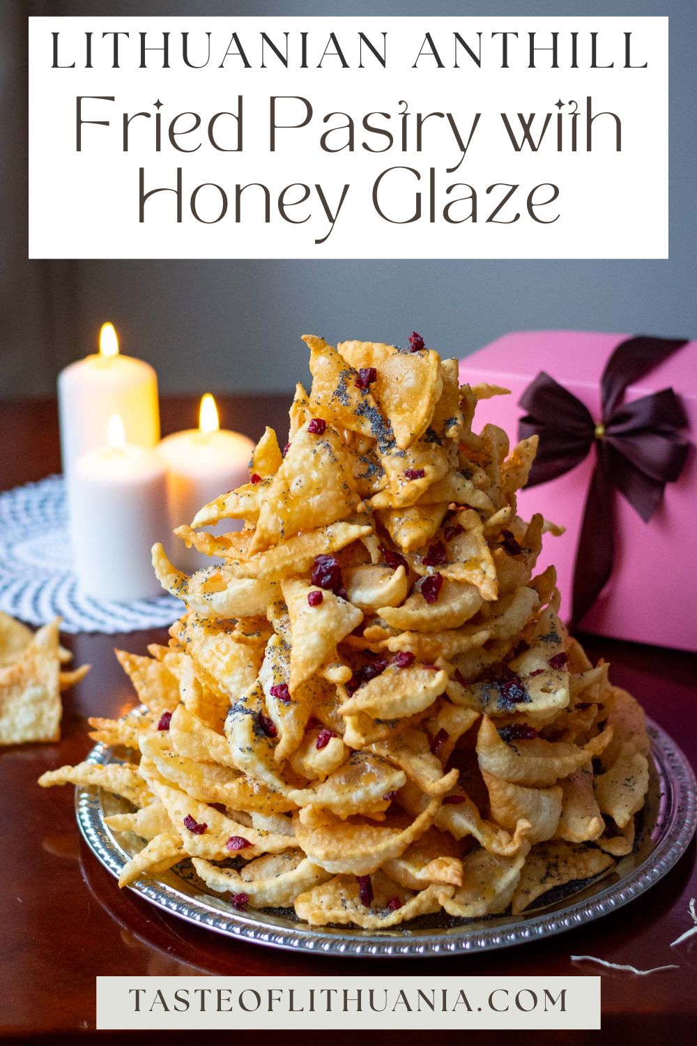 Lithuanian Anthill stacked tall with honey glaze and poppy seeds - Pin for Pinterest.