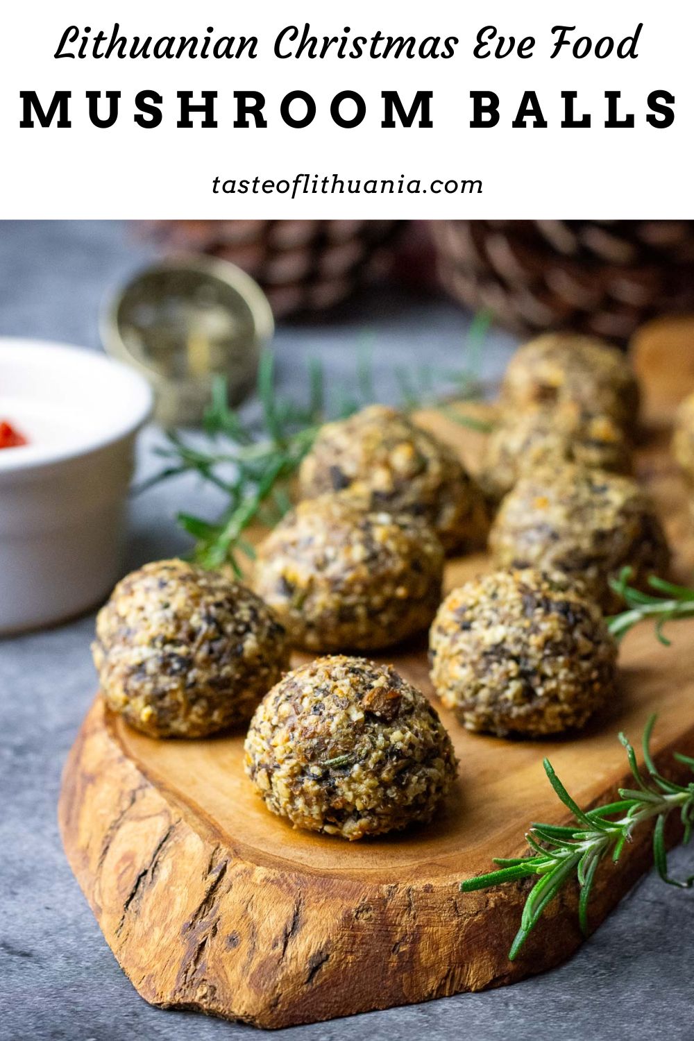 Lithuanian mushroom balls on a wooden board on Christmas eve table. 