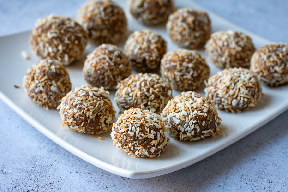 Lithuanian chocolate truffles rolled in toasted coconut.