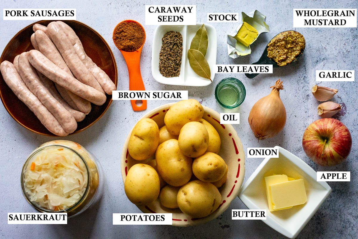 Labelled ingredients for Lithuanian stewed cabbage and sausages.